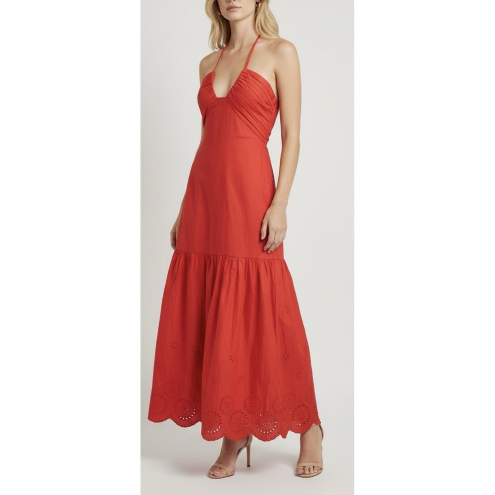 Jason Wu Red Eyelet Halter Maxi Dress XS Open Back Cottagecore Coquette $385